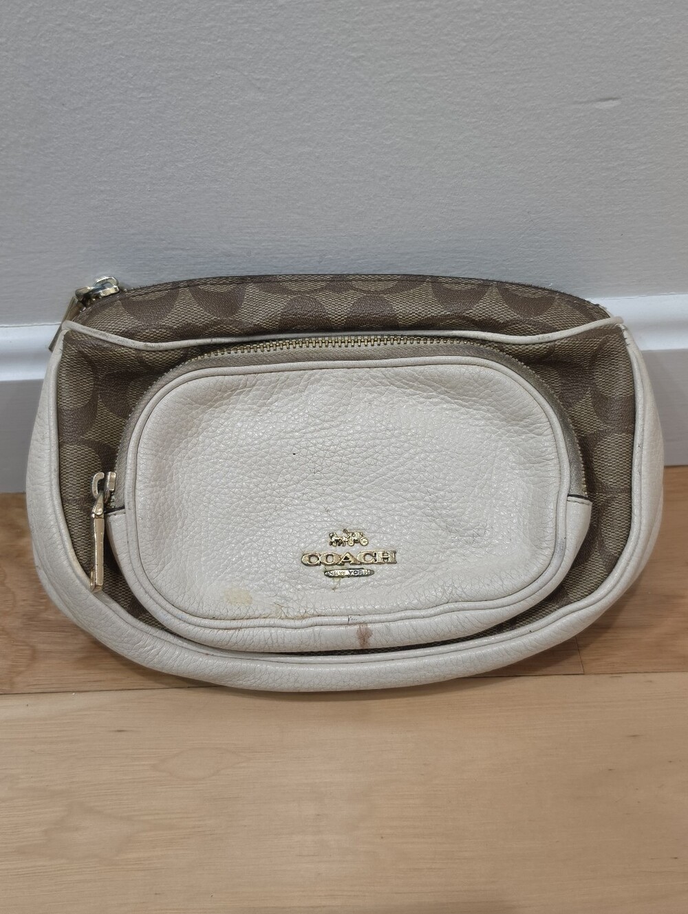 Coach Beige And Brown Leather Signature Logo Belt Bag Flaws As Pictured